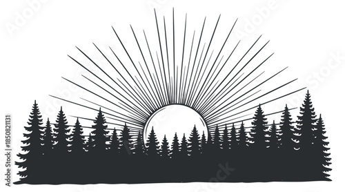 A silhouette of a forest with a rising sun and rays in minimalist black and white vector style, perfect for nature-themed designs