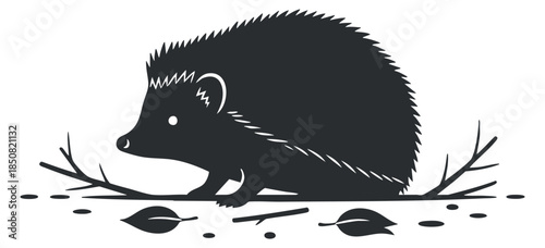 A cute hedgehog illustration in black and white minimalist vector style, ideal for nature-themed designs and eco-friendly projects