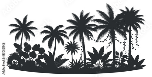 A silhouette of tropical palm trees and plants in black vector style, perfect for nature-themed designs and backgrounds