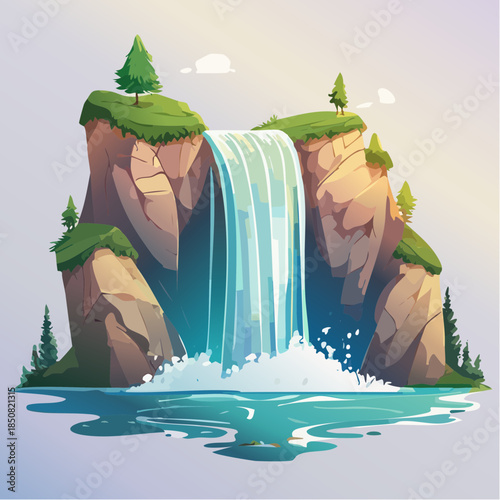 Cartoon illustration of a waterfall cascading from a rocky cliff into a pool of water.