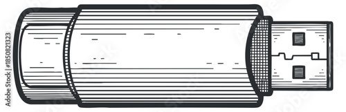A USB flash drive in a detailed black and white outline vector style, ideal for technology and digital media projects
