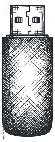 A detailed illustration of a USB flash drive in black and white outline style, suitable for technology-related designs
