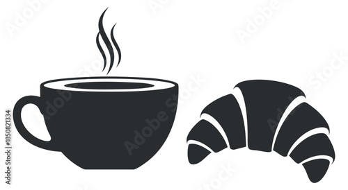 A steaming cup of coffee next to a freshly baked croissant in black and white minimalist vector style, ideal for cafe branding and menus