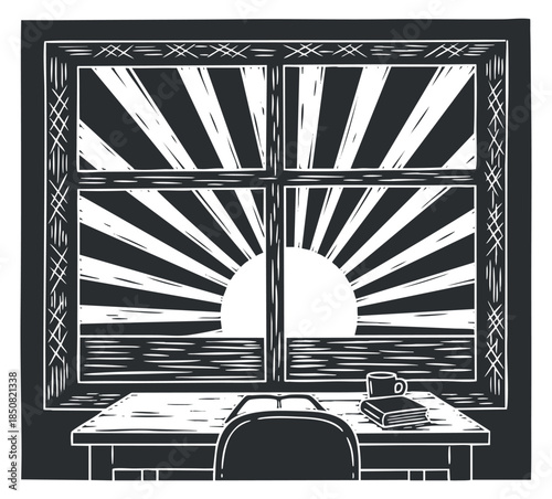 A window view with a rising sun and rays in black and white minimalist vector style, ideal for home decor and interior design