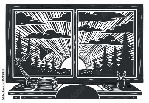 A scenic window view of a sunset with trees and clouds in black and white illustrative style, perfect for home decor and workspace inspiration