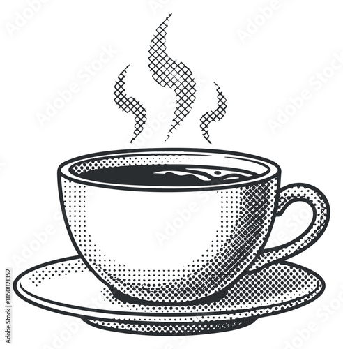 A steaming cup of coffee on a saucer in vintage dotted line art style, ideal for cafe branding and menu design