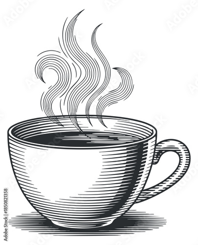 A steaming cup of coffee in black and white linear vector style, ideal for cafe branding and menu designs