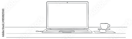 A minimalist outline illustration of a laptop on a desk with a coffee cup, ideal for remote work concepts