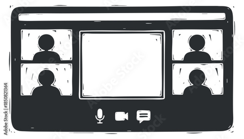 A video conference interface featuring multiple participants in a black outline vector style, ideal for remote communication and collaboration