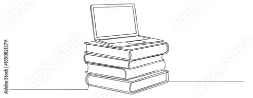 A stack of books with a laptop resting on top in a minimalist outline vector style, suitable for educational and digital learning concepts