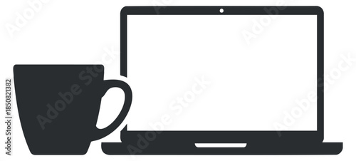 A laptop computer next to a coffee cup in minimalist black and white vector style, ideal for tech and business themes