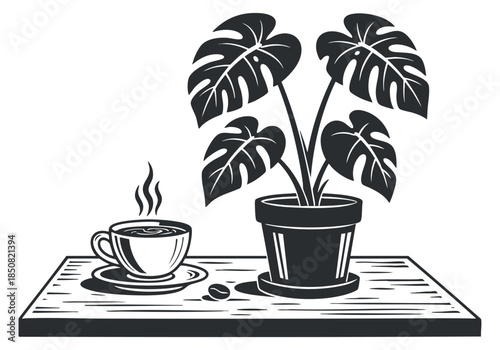 A cup of steaming coffee beside a monstera plant in black and white minimalist vector style, ideal for home decor and lifestyle branding
