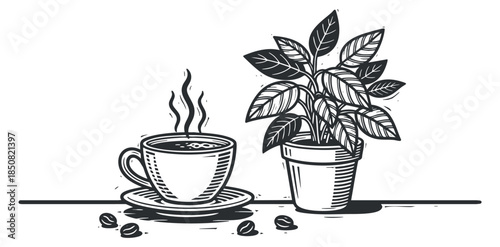 A steaming cup of coffee with a potted plant in black and white minimalist vector style, ideal for home decor and café branding