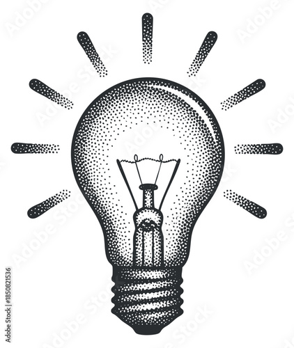 A light bulb radiating bright rays in a retro dotted vector style, perfect for creative and innovative design projects