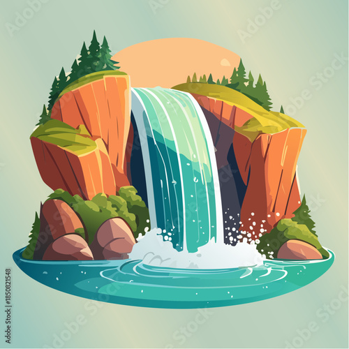 Cartoon illustration of a waterfall cascading between rocky cliffs into a pool of water.