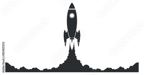 A rocket launching into space with smoke clouds in black silhouette vector style, perfect for technology and innovation themes