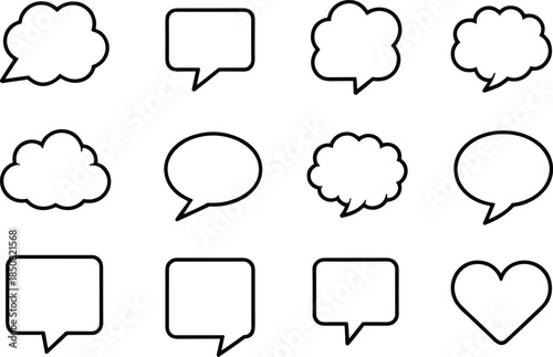 Speech bubble outline icons set with chat dialogue message comment shapes communication symbols minimal black vector illustration