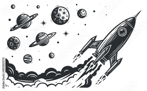 A rocket ship launching into space surrounded by planets and stars in a black and white retro vector style, ideal for educational or creative projects