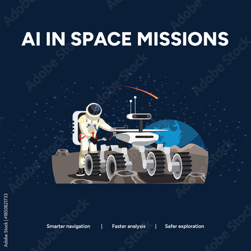 Astronaut operating AI robot on space mission to explore Mars