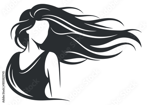 A silhouette of a woman with flowing hair in black and white minimalist vector style, ideal for beauty and fashion branding