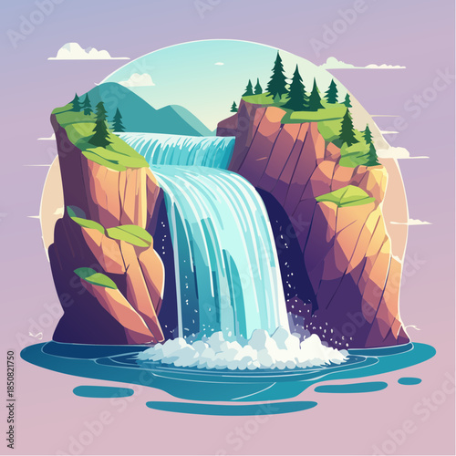 A vibrant cartoon illustration of a waterfall cascading between rocky cliffs into a serene pool.