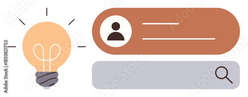 Lightbulb with glowing elements, user profile card, and search bar icon. Ideal for innovation, identity, creativity, brainstorming, user experience, discovery and research as a simple flat metaphor
