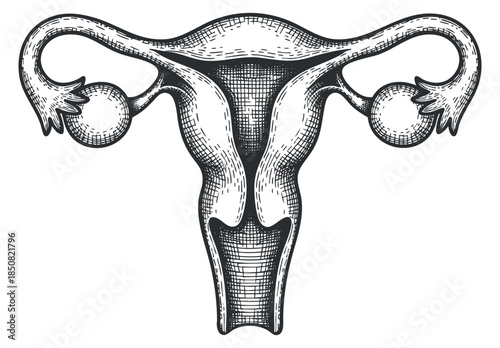 A detailed illustration of the female reproductive system featuring the uterus and ovaries in a vintage sketch style, suitable for medical and educational contexts