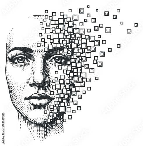 A digital portrait of a woman's face transforming into squares in black and white line art style, ideal for technology and identity themes