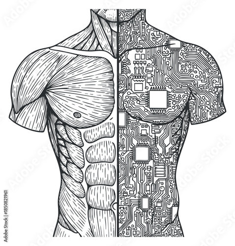 A half human anatomy illustration showcasing muscles and a contrasting circuit board design in detailed black and white vector style, ideal for educational and technological themes