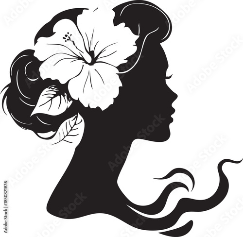 Woman profile silhouette with floral updo and flowing lines symbolizing elegance, nature, and artistic beauty