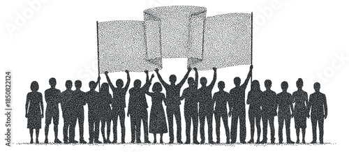 A group of diverse people holding banners in black and white vector style, ideal for social activism and community engagement