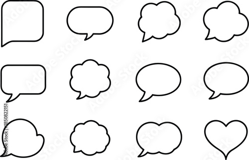 Speech bubble outline icons set with chat dialogue message comment shapes communication symbols minimal black vector illustration