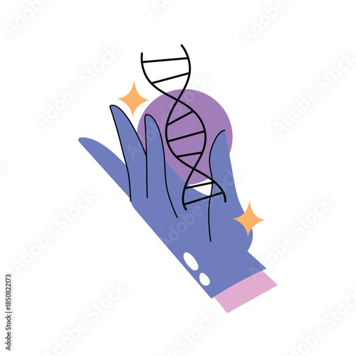 Gloved Hand Holding DNA Double Helix Illustration.