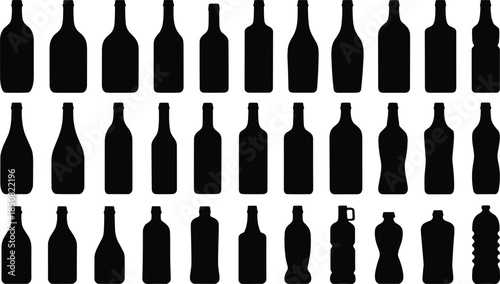 Bottle silhouette vector set, glass plastic beverage containers collection, packaging drink bottles icons, black industrial illustration