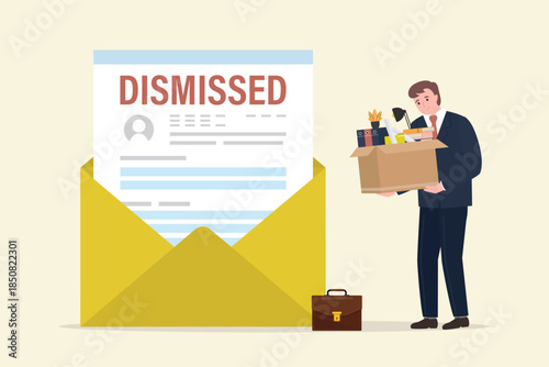 Unemployed businessman with office things in cardboard box. Layoff email sending to employee to inform job dismissed, fired. End career or staff layoff due to economic recession