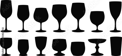 Glassware silhouette vector set, wine cocktail champagne glasses collection, bar drinkware icons, black drink container 
