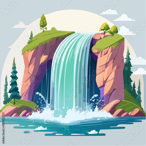 Cartoon illustration of a waterfall cascading from a cliff into a pool of water.