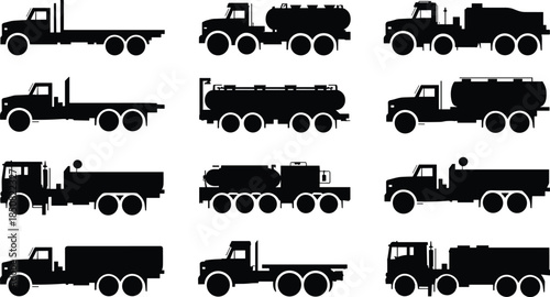 Heavy duty truck silhouettes set, tanker truck, flatbed, cargo vehicles, industrial transportation icons, black vector illustration