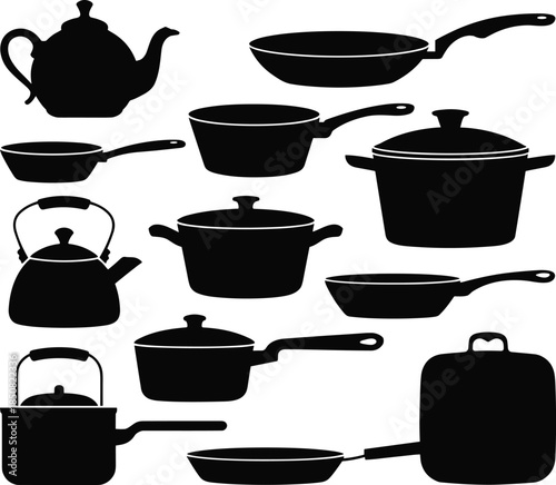 Kitchen cookware silhouette set, pots pans teapots frying pans, cooking utensils icons, black vector illustration isolated