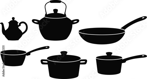 Kitchen cookware silhouettes set, pots pans kettle teapot frying pan saucepan icons, black vector cooking utensils collection