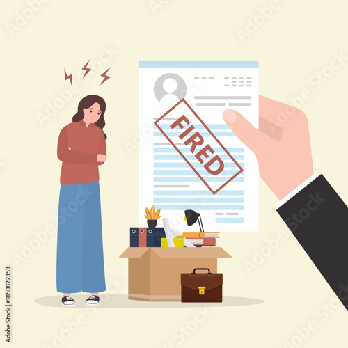 Layoff, fired woman standing near office box with things. Boss give dismissal document. Job loss due to crisis, contraction, economic decline. Dismissed employee, unemployment