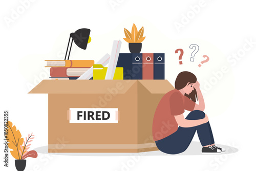Layoff, fired woman sitting near office box with things, depression, procrastination. Job loss due to crisis, contraction, economic decline. Dismissed employee, unemployment.