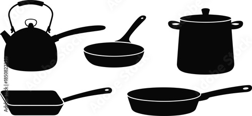 Kitchen cookware silhouettes set, pots pans kettle frying pan saucepan vector icons, black kitchen utensil collection