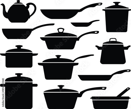Kitchen cookware silhouettes set, pots pans teapots frying pans, black icons collection, cooking utensils illustration isolated