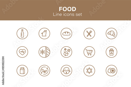 Outline icons about food, nutrition and shopping. Set of icons - marketing, recyclable packaging, various food and drinks shopping. linear pictograms, editable stroke.