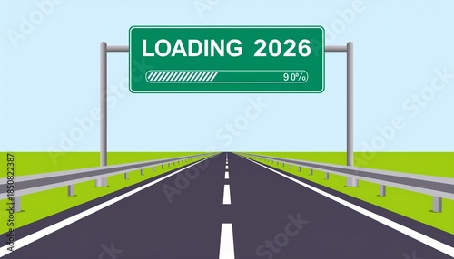 Futuristic highway road leading into 2026 with loading progress bar