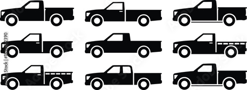 Pickup truck silhouette vector set, utility transport vehicles collection, flatbed cargo pickup icons, black automotive illustration