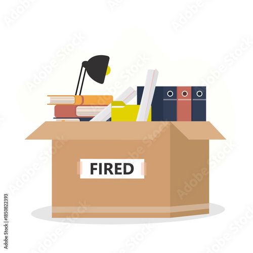 Layoff, office box with things. Depression, job loss due to crisis, contraction, economic decline. Various office items in cardboard box. Dismissed employee, unemployment