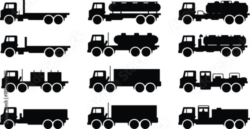 Silhouette truck vector set, cargo tanker flatbed box trucks collection, transportation logistics icons, black industrial vehicle illustrations