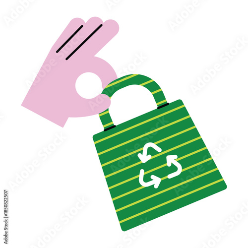 Hand Holding Green Reusable Tote Bag With Recycling Symbol.